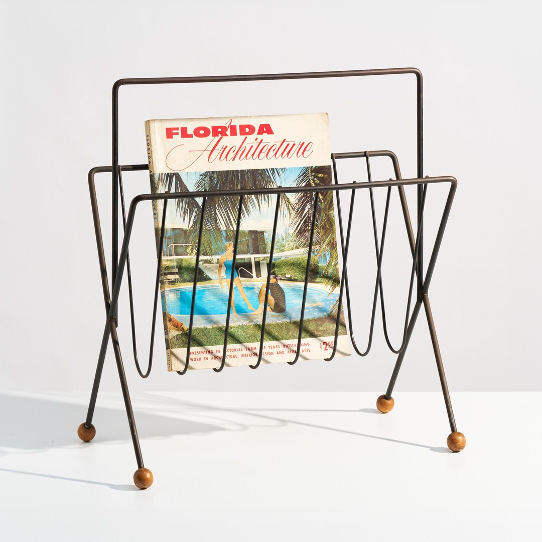 Vintage 1950s Tony Paul Magazine Rack // Large MCM Iron and Wood ...