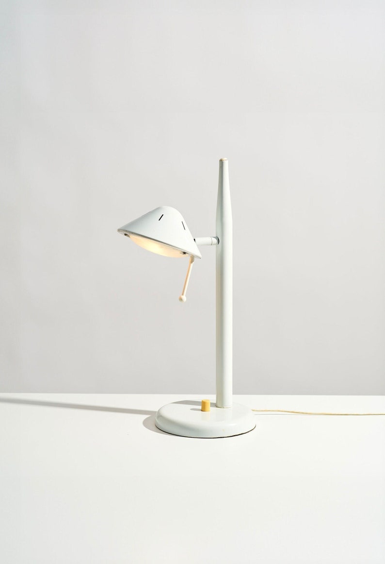 1980s Postmodern Articulating Desk Lamp // Vintage White and Yellow Metal Task Lighting image 1