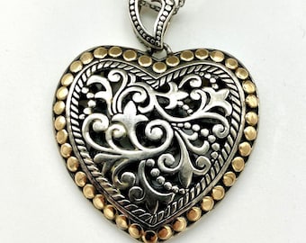 Gorgeous Vintage Ornately Designed Sterling Silver and 14K Gold Heart Pendant