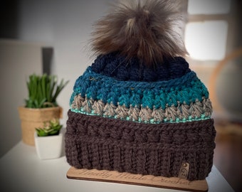 Crochet Beanie // textured beanie, crochet toque, beanie with pom, faux fur poms, winter caps, winter hats