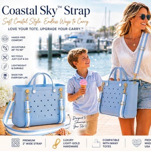 Pode incluir: Uma bolsa tote azul-clara com corpo perfurado, duas alças superiores e uma alça de ombro removível e ajustável de 51 a 127 cm, com listras brancas e azul-claras e ferragens douradas. A bolsa apresenta o nome da marca Coastal Sky.
