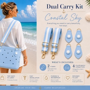 May include: A light blue tote bag with dark blue polka dots and a matching light blue and white striped shoulder strap. The kit includes two adjustable straps and four light blue connectors with white buttons, all featuring light gold hardware.