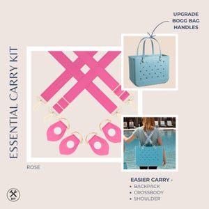 Pu&ograve; includere: Kit di trasporto essenziale rosa con cinghie e clip. Include una borsa tote blu con manici. Il testo recita "Trasporto pi&ugrave; facile - Zaini, tracolla, spalla" e "Aggiorna le maniglie della borsa Bogg".