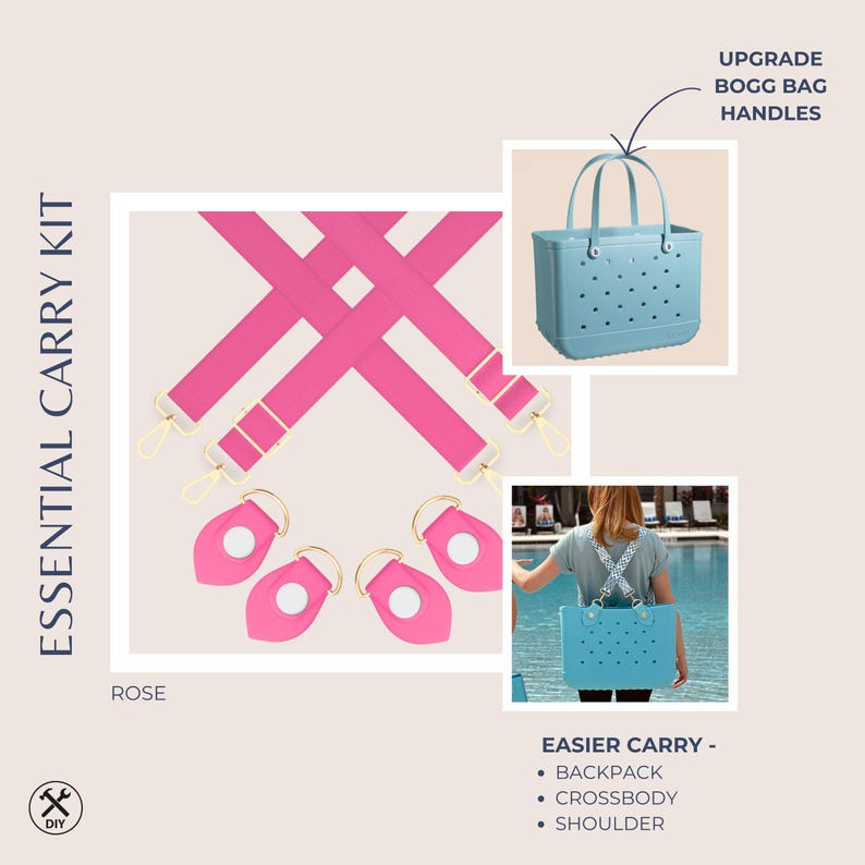 Pu&ograve; includere: Kit di trasporto essenziale rosa con cinghie e clip. Include una borsa tote blu con manici. Il testo recita "Trasporto pi&ugrave; facile - Zaini, tracolla, spalla" e "Aggiorna le maniglie della borsa Bogg".