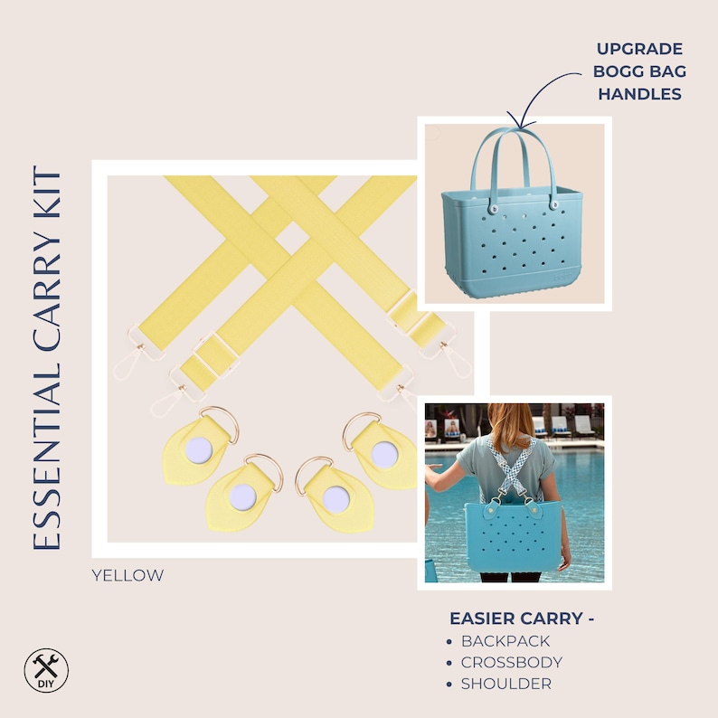 Pu&ograve; includere: Un kit di trasporto essenziale giallo, con cinghie gialle con clip bianche e attacchi per manici di borse gialle. L'immagine mostra anche una borsa tote azzurra con manici e una donna che porta una borsa simile con una tracolla fantasia. Il testo recita "ESSENTIAL CARRY KIT" e "EASIER CARRY".