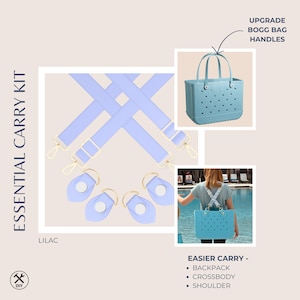 Pu&ograve; includere: Un kit di trasporto essenziale lilla, con una borsa tote azzurra con manici e cinghie abbinate. Il kit offre opzioni di trasporto zaino, tracolla e spalla. Il testo recita "Upgrade Bogg Bag Handles" e "Easier Carry".