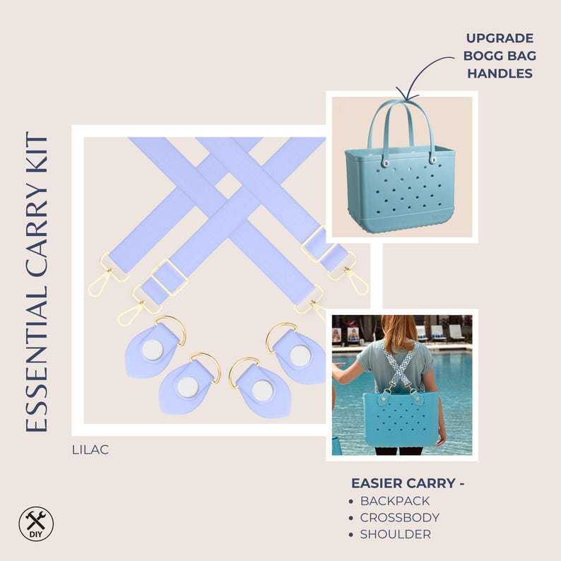 Pu&ograve; includere: Un kit di trasporto essenziale lilla, con una borsa tote azzurra con manici e cinghie abbinate. Il kit offre opzioni di trasporto zaino, tracolla e spalla. Il testo recita "Upgrade Bogg Bag Handles" e "Easier Carry".