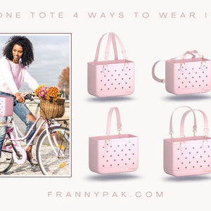Pu&ograve; includere: Una borsa tote rosa con molteplici opzioni di cinturino, mostrata in quattro modi diversi per indossarla. La borsa ha una forma rettangolare con piccole perforazioni circolari. L'immagine mostra anche una donna in bicicletta rosa con una borsa abbinata.