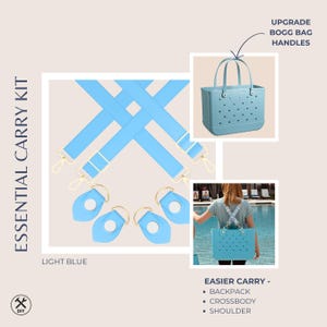 Pu&ograve; includere: Kit di trasporto essenziale azzurro con opzioni zaino, tracolla e spalla. Include cinghie e aggiornamenti maniglia azzurri per borse Bogg. Presenta hardware color oro e il testo "EASIER CARRY".