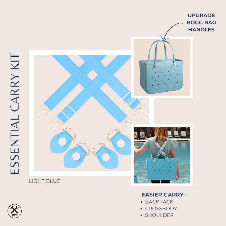 Pu&ograve; includere: Kit di trasporto essenziale azzurro con opzioni zaino, tracolla e spalla. Include cinghie e aggiornamenti maniglia azzurri per borse Bogg. Presenta hardware color oro e il testo "EASIER CARRY".