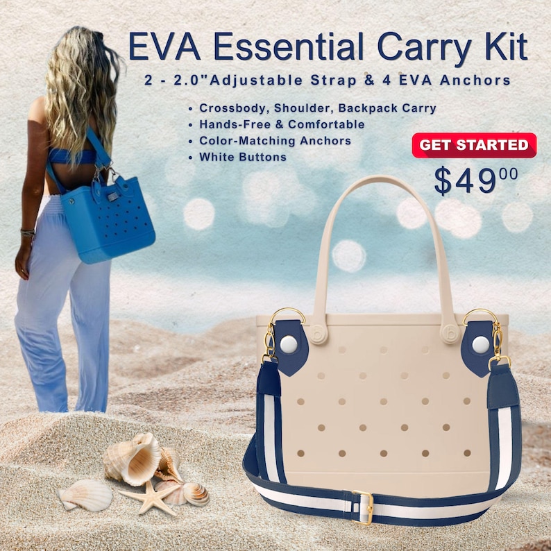 Pu&ograve; includere: Un kit di trasporto essenziale EVA beige con una tracolla regolabile blu navy e bianca. La borsa ha un manico e una tracolla. Il testo recita "EVA Essential Carry Kit".