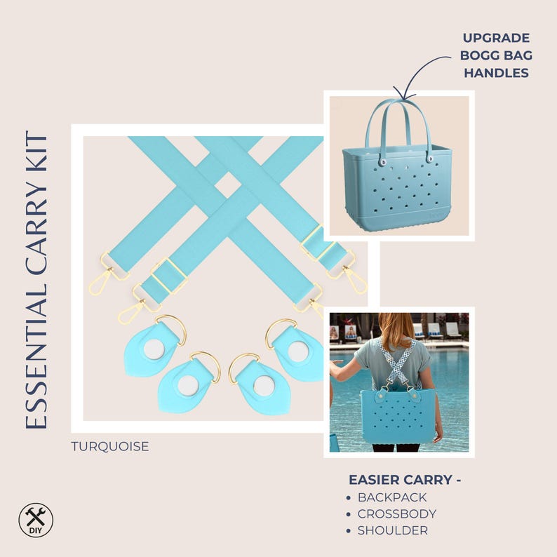 Pu&ograve; includere: Kit di trasporto essenziale turchese con opzioni zaino, tracolla e spalla. Include cinghie turchesi con hardware color oro e attacchi per manici di borse turchesi. Il kit aggiorna le maniglie delle borse Bogg.
