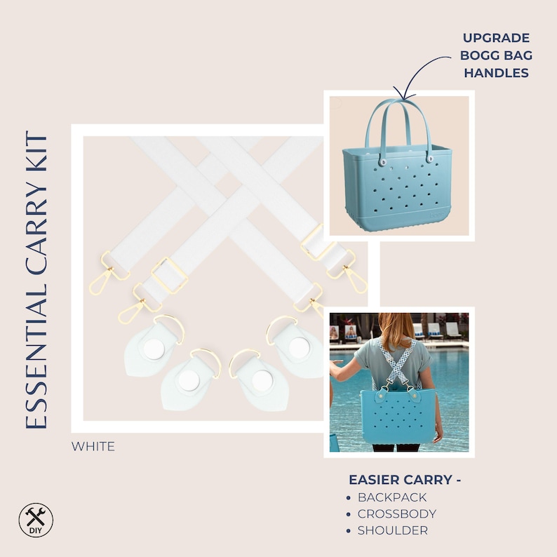 Pu&ograve; includere: Kit di trasporto essenziale bianco con finiture dorate. Include spallacci per zaino, tracolla e spalla. Il kit &egrave; progettato per aggiornare le maniglie delle borse Bogg. Il testo dell'immagine dice "Essential Carry Kit" e "Easier Carry".