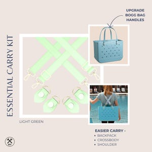 Pu&ograve; includere: Kit di trasporto essenziale verde chiaro con finiture dorate. Include cinghie e attacchi per manici. Progettato per aggiornare le maniglie delle borse Bogg per un trasporto pi&ugrave; facile come zaino, tracolla o borsa a spalla.