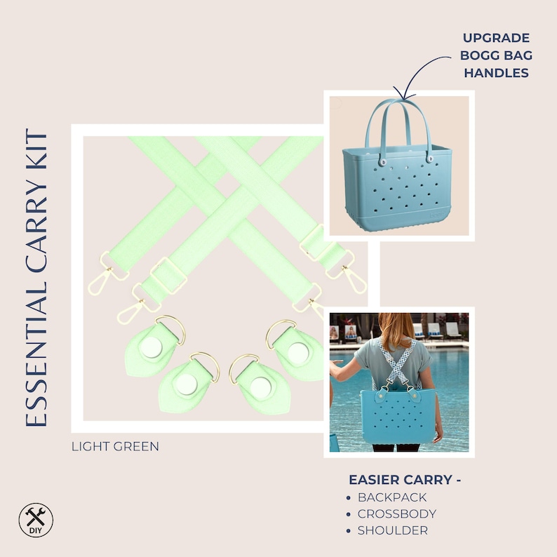 Pu&ograve; includere: Kit di trasporto essenziale verde chiaro con finiture dorate. Include cinghie e attacchi per manici. Progettato per aggiornare le maniglie delle borse Bogg per un trasporto pi&ugrave; facile come zaino, tracolla o borsa a spalla.