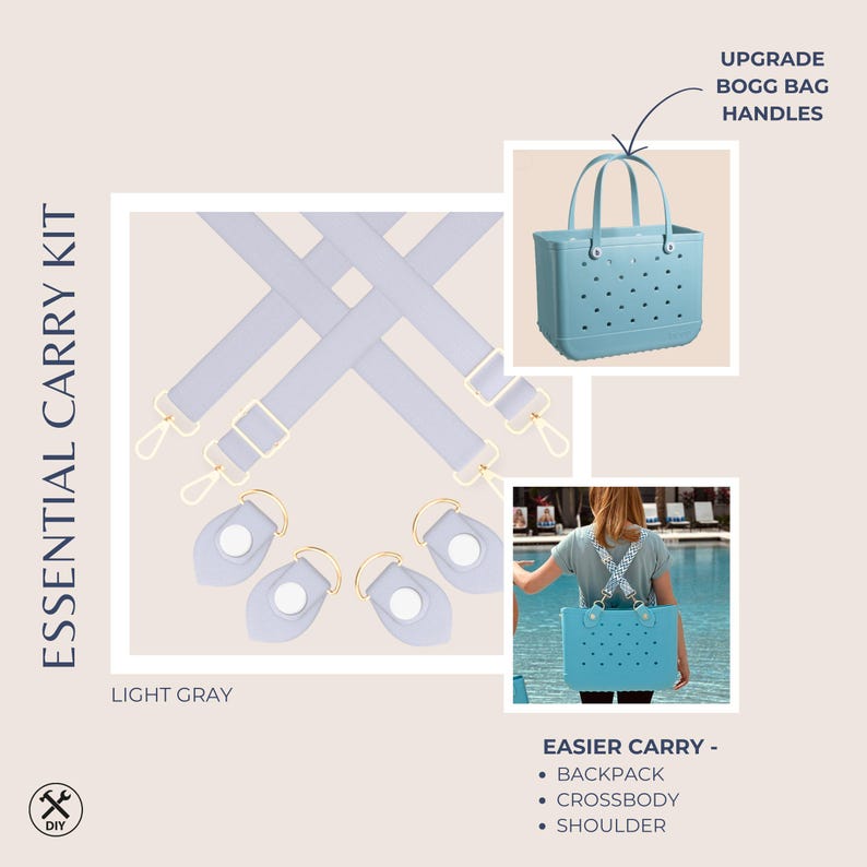 Pu&ograve; includere: Kit di trasporto essenziale grigio chiaro con finiture dorate. Include tracolle, avvolgimenti per manici e una borsa tote azzurra. Il testo recita "Trasporto pi&ugrave; facile - Zaini, Tracolla, Spalla" e "Aggiorna le maniglie della borsa Bogg."
