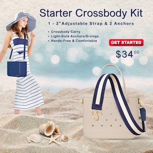 May include: A beige crossbody bag with a navy and white striped strap, featuring light-gold hardware. The image also shows a navy blue crossbody bag with a striped dress and a woman wearing a sun hat. The text reads "Starter Crossbody Kit".