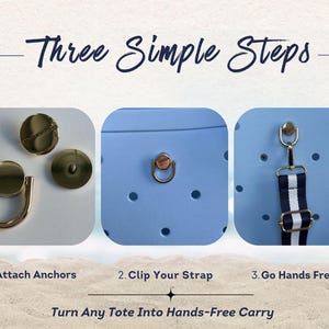 Pu&ograve; includere: Immagine che mostra tre passaggi per convertire una borsa tote in un trasporto a mani libere. Include ancore color oro, una borsa tote azzurra e una cinghia a righe blu navy e bianche. Il testo recita: "Attacca le ancore", "Aggancia la tua cinghia" e "Vai a mani libere".