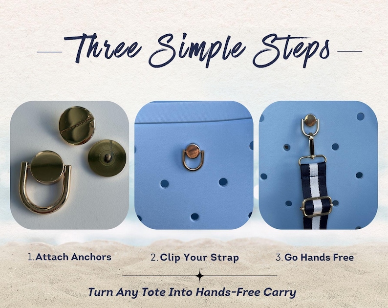 Pu&ograve; includere: Immagine che mostra tre passaggi per convertire una borsa tote in un trasporto a mani libere. Include ancore color oro, una borsa tote azzurra e una cinghia a righe blu navy e bianche. Il testo recita: "Attacca le ancore", "Aggancia la tua cinghia" e "Vai a mani libere".