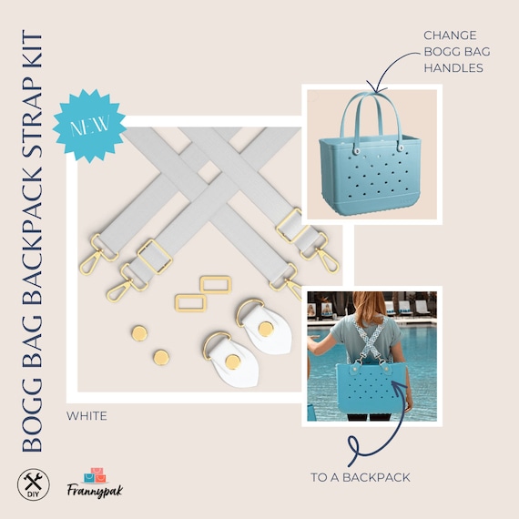 Universal White Strap Kit for all Bogg Bags or any waterproof tote bags: Frannypak Adjustable Straps Crossbody, Shoulder, Backpack