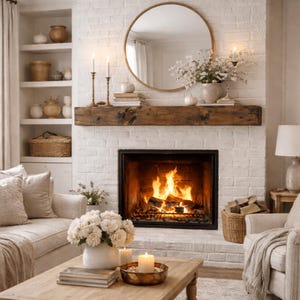May include: A cozy living room scene with a fireplace, a round gold mirror, and a wooden mantel. The fireplace has a burning fire inside. The room is decorated with neutral colors, including white, beige, and brown, creating a warm and inviting atmosphere.