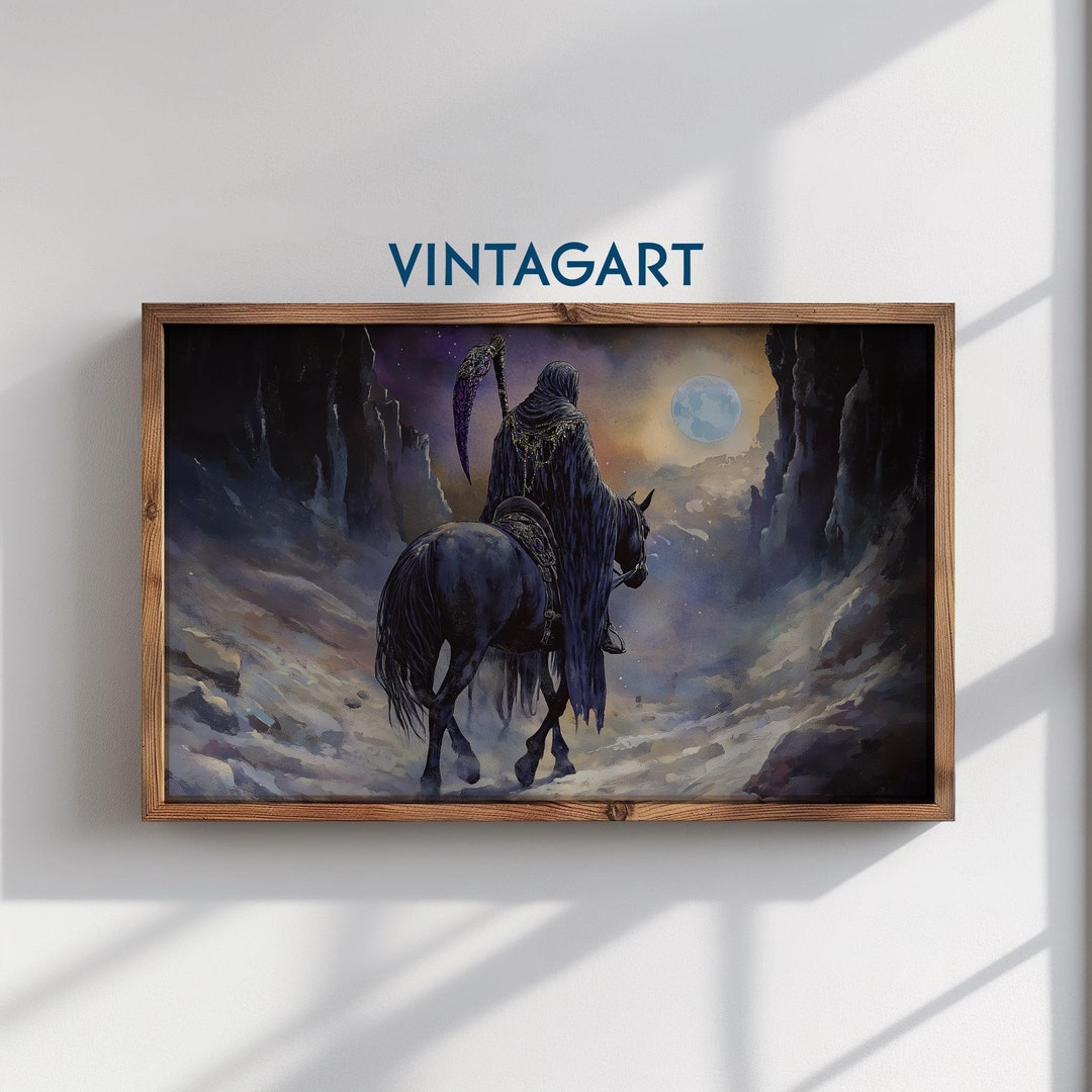 Printable Grim Reaper on Dark Horse Halloween Vintage Art Print Digital