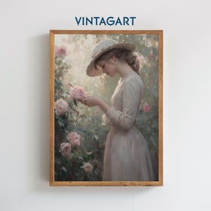 Romantic Woman Painting, Rose Garden Art Print, Victorian Lady Print, Cottagecore Decor, Floral Wall Art, Digital Download