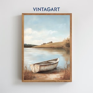 Vintage Boot Malerei, Antiker See Art Print, Fischerboot Wandkunst, Ruderboot Malerei, Landschaftsmalerei, digitales Dekor