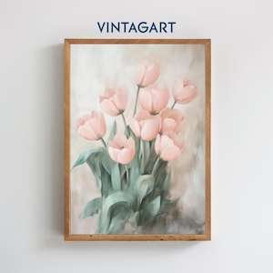 Vintage Pink Tulips Art Print, Botanical Wall Art, Nursery Wall Decor, Floral Art, Country Farmhouse Decor, Digital Download