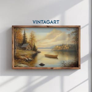 Vintage Cabin Lake Art Print, Rowboat Art, Farmhouse Painting, Rustic Wall Decor, Downloadable Art