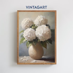 Printable White Hydrangeas Oil Painting, Neutral Wall Decor, Wildflower Art, Vintage Floral Print, Farmhouse Decor, Digital Download