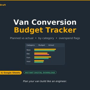 May include: A digital Van Conversion Budget Tracker spreadsheet template featuring the text OffgridDraft, Van Conversion Budget Tracker, Planned vs actual, by category, overspend flags, Excel & Google Sheets, INSTANT DIGITAL DOWNLOAD, and Plan your van build like an engineer.