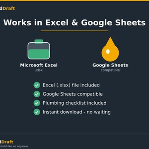 May include: A dark gray digital graphic titled Works in Excel & Google Sheets with the OffgridDraft logo. It features a green battery icon for Microsoft Excel .xlsx and a yellow water drop icon for Google Sheets, plus a list of four checkmarked features.