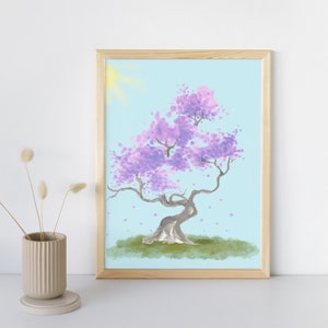 May include: A framed watercolor painting of a purple flowering tree with a yellow sun in the background. The tree has a thick trunk and branches that spread out in a graceful arc. The painting is set against a light blue sky.