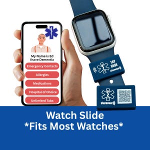 May include: A smartwatch with a blue band and a blue Sharewear watch slide. A smartphone displays medical information, including emergency contacts, allergies, and medications. The text on the watch slide says "TAP HERE sharewear". The text at the bottom says "Watch Slide *Fits Most Watches*".