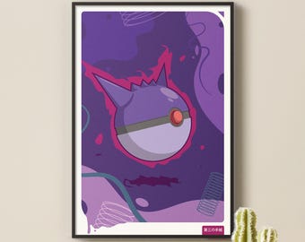 Gengar Poké Ball Art Print – Dark Purple Ghost-Type Anime Decor, wall art