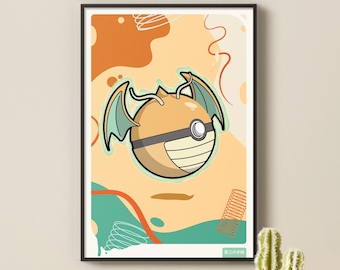 Dragonite-Inspired Poké Ball Wall Art – Warm Retro Anime Print