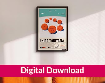 May include: A framed poster displaying orange spheres with stars, set against a blue sky and white ground. The poster has the text "AKIRA TORIYAMA" and other details. The words "Digital Download" are displayed on a pink banner.