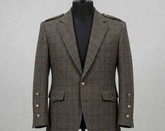 Tweedwollen herenblazer, olijfgroen geruit jack, jas in Schotse Highland-stijl