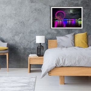 London Millennium Wheel With Full Moon Nighttime Photo Print - Dramatic