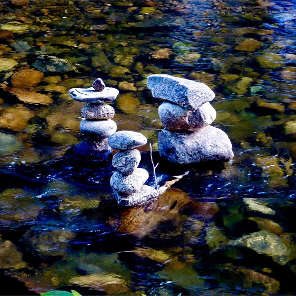 Mountain Stream Photo with Fall Leaves | Personally Taken Photograph Wall Art | Autumn Estes Park Colorado Print | Boho, Rock Stacking Scene