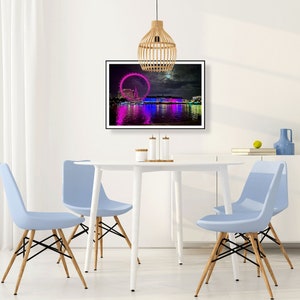 London Millennium Wheel With Full Moon Nighttime Photo Print - Dramatic