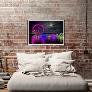London Millennium Wheel With Full Moon Nighttime Photo Print - Dramatic