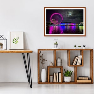 London Millennium Wheel With Full Moon Nighttime Photo Print - Dramatic