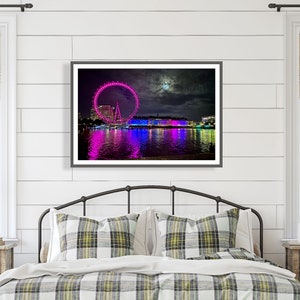 London Millennium Wheel With Full Moon Nighttime Photo Print - Dramatic