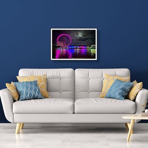 London Millennium Wheel With Full Moon Nighttime Photo Print - Dramatic