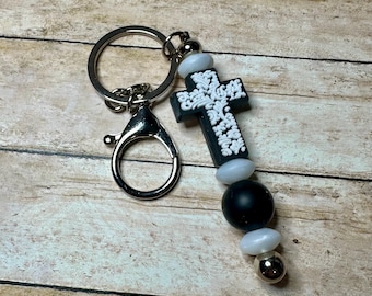 Beaded Cross Keychain: Faith, White Script