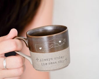 Friendship Long Distance Gift, Engraved Pottery Espresso Cup Moving Away Gift for Friend, Personalized Map Two States or Two Countries NS