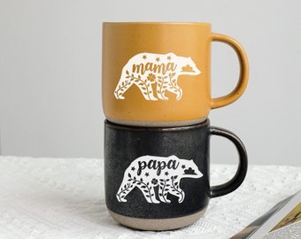 Mama Papa Bear Mugs Set of 2, Large Pottery Mug New Parents Gift, Engraved Gift for Mom, Mama Bear mug, Mom Gift Mom Mug Mother's Day Gifts.