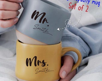 Large Personalized Mr and Mrs Mugs Custom Couple Mug Set of 2 Anniversary Gift for Men,Engraved Pottery Mug Engagement Gift for Couples PD